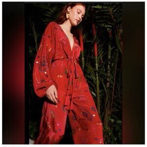 Farm rio Mystic Night Red Tassels Wrap Jumpsuit Sz XL Rare Boho Vacation Resort